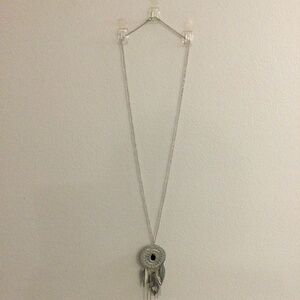 Necklace silver tone 38 in chain with faux onyx pendant
